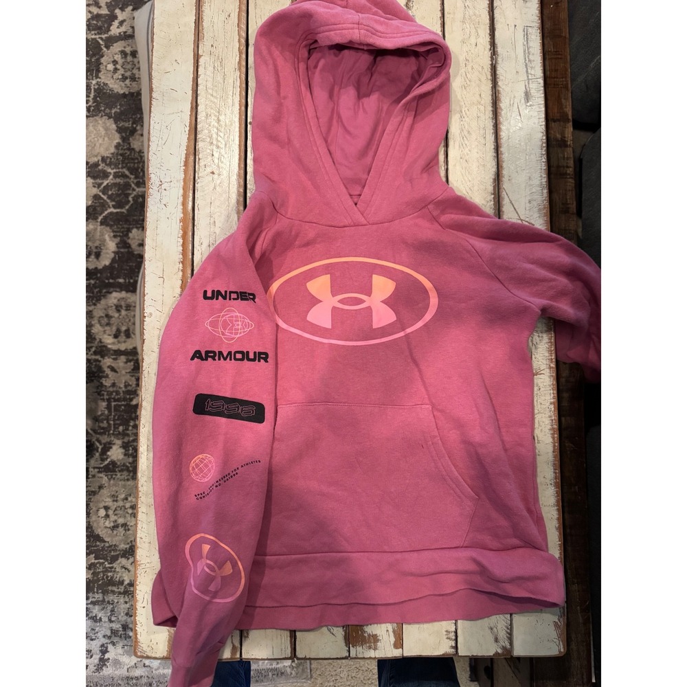 Under Armour Girls Pink Rival Fleece Graphic Logo Hoodie Sweatshirt YMD Medium